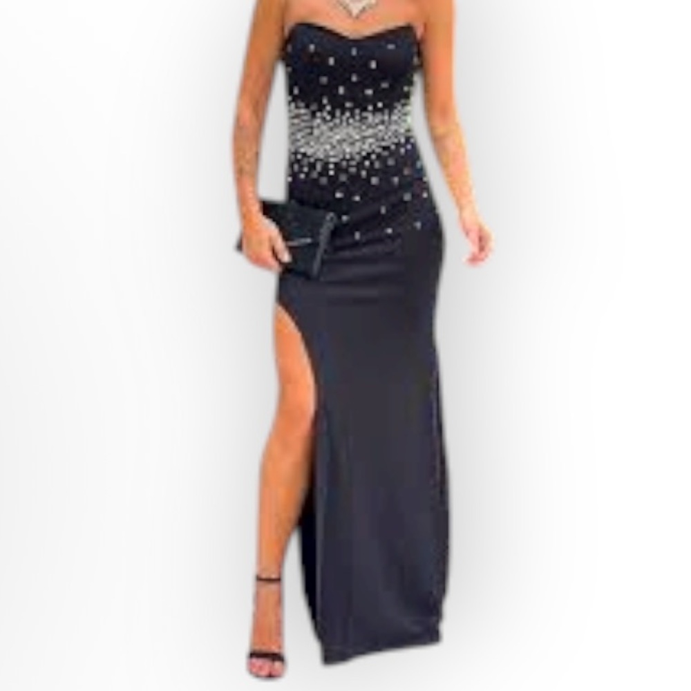 New Lulus Black Rhinestone Strapless Bustier Maxi Glam Dress XS - Picture 2 of 6